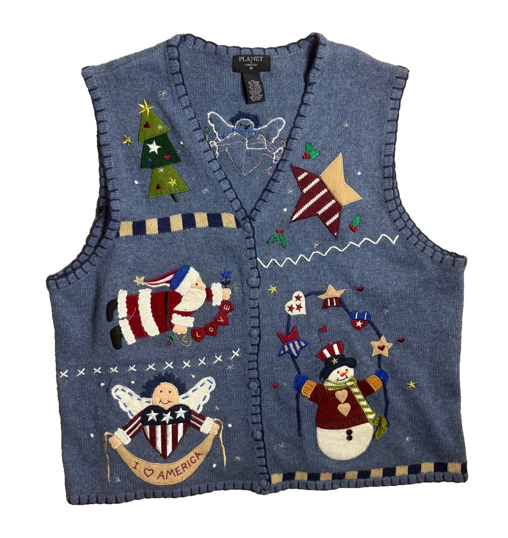 Christmas Sweater Vest America USA Snowman Santa Star Angel Blue Sz 3X Granny